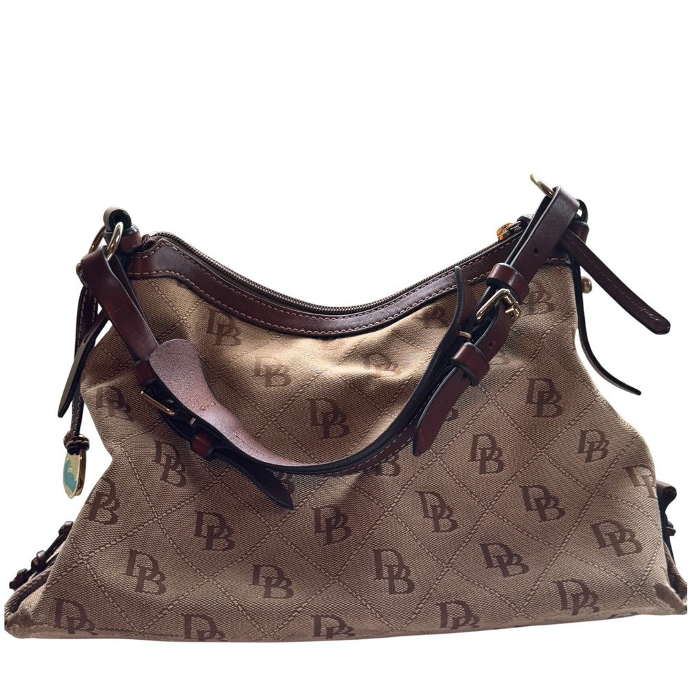 Dooney & Bourke Tan Brown Monogram Tote Bag Blue Duck Charm Bag Leather Trim - Picture 4 of 11